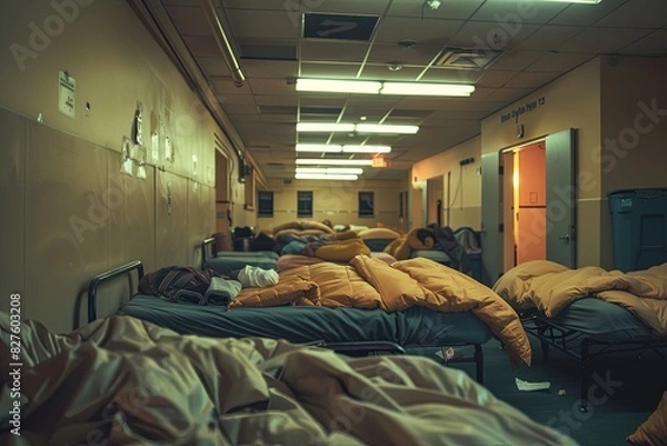 Fototapeta Empty emergency shelter room with rows of beds and blankets