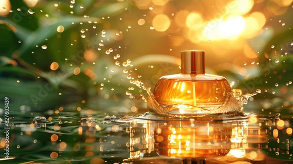 Fototapeta A luxurious perfume bottle splashes elegantly in a garden pond under the golden hour sunlight, creating a stunning visual effect