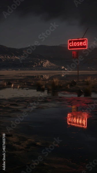 Fototapeta Neon Closed Sign Reflecting in Desert Puddle at Nighttime