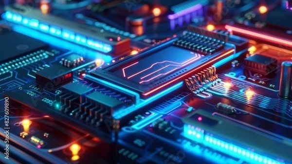 Fototapeta Close-up of a computer chip with glowing lights on a circuit board