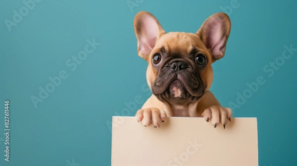Fototapeta Smiling French Bulldog Puppy with Blank Canvas