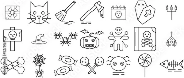 Fototapeta Mega Set Of Vector Halloween Regular Line Set Icons Silhouette Vector Logo Design Containing Spider,Sweets,Scary,Halloween,Candy Solid Icon Collection. Vector Illustration