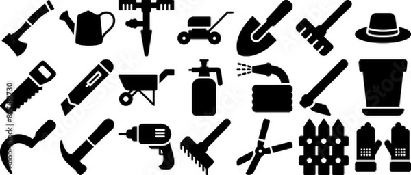 Obraz Set Of Linear Gardening Tool Glyph Icons Web Header Banner Design Containing Farming,Sprinkle,Gardening,Agriculture,Shovel Vector Illustration Linear Pictogram Pack