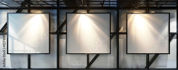 Fototapeta A modern design office featuring three white frames with dark borders, each uniquely angled and spotlighted against a wall 
