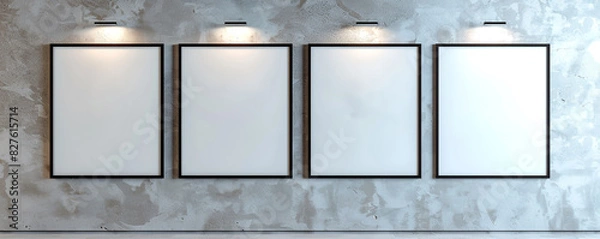 Fototapeta A series of four empty white frames with dark borders, centrally spotlighted and arranged in a staggered fashion against a light gray wall 