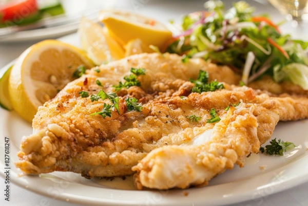 Fototapeta Fried flounder fish fillet with lemon wedges and mixed greens