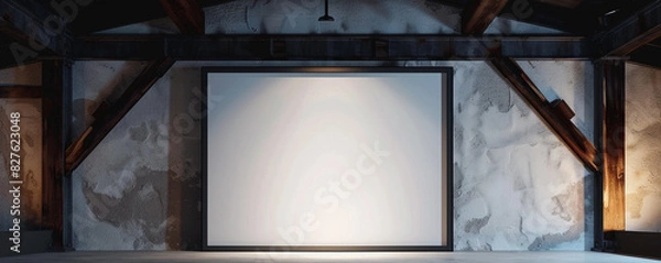 Fototapeta One empty white frame with dark borders, centrally spotlighted and tilted slightly to the right in a modern architectural studio against a wall 