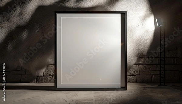 Fototapeta One empty white frame with dark borders, centrally spotlighted and tilted slightly to the right in a modern architectural studio against a wall 