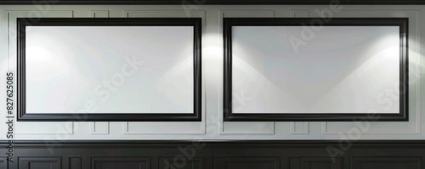 Fototapeta Two horizontal empty white frames with dark borders, each spotlighted against a wall featuring a classic wainscoting design