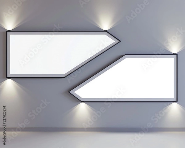 Fototapeta Two horizontal empty white frames with dark borders in a sophisticated architectural office, each spotlighted against a light gray wall. 