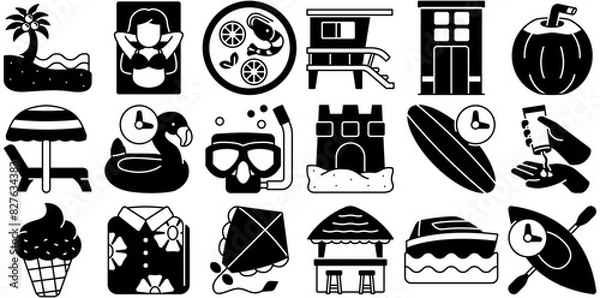 Obraz Set Of Summer Vibes Solid Line Icons Collection Isolated Silhouette Solid Icons Including Sport,Beach,Hand,Tropical,Vacation Pictograms And Infographics Design Elements Vector Illustration