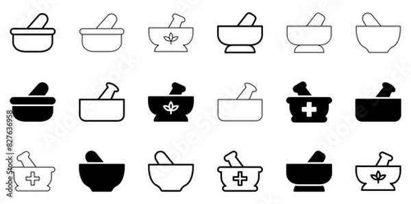 Obraz Set Of Linear Pestle And Mortar Icons Collection Isolated Silhouette Solid Icons Including Herbal,Mortar,Pestle,Medicine,Pharmacy Pictograms And Infographics Design Elements Vector Illustration