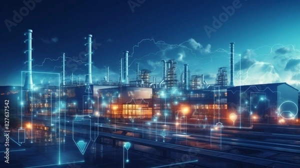 Fototapeta Modern factory, communication network. Telecommunication. IoT, Internet of Things, ICT, Information communication Technology,. Smart factory. Digital transformation, cloud connecting, generate by AI