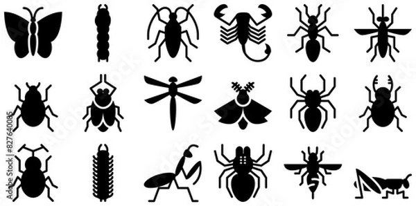 Fototapeta A Collection Of Insect Glyph Isolated Silhouette Solid Icons With Bug,Pest,Insect,Beetle,Fly Outline Icons Collection. Simple Vector Illustration