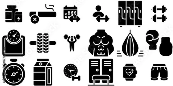 Fototapeta Set Of Fitness Glyph Icons Web Header Banner Design Containing Lockers,Punching-Bag,Boxing,Boxing-Bag,Punching Vector Icon Set Linear Pictogram Pack