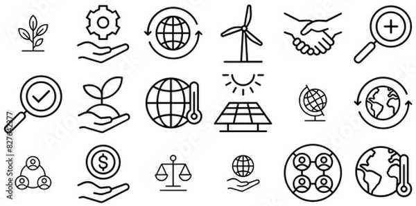 Obraz A Collection Of Esg Icons Silhouette Vector Logo Design Containing Esg,Clean-Energy,Environment,Globe,Plant Solid Icon Collection. Vector Illustration