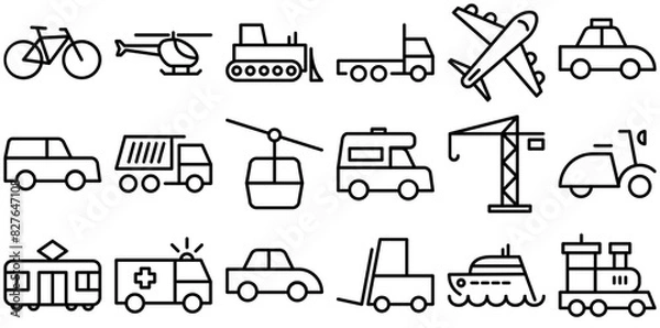 Fototapeta A Collection Of Vehicle Line Icons Isolated Silhouette Solid Icons With Transportation,Vehicle,Automobile,Public-Transportation,Travel Vector Icon Set Linear Pictogram Pack