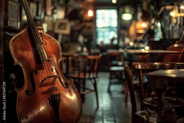 Obraz Classical Cello Awaiting Performance In The Warm Ambiance Of A Jazz Bar. Generative AI