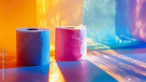Fototapeta Toilet paper paper towels close up, focus on, copy space, vibrant colors, Double exposure silhouette with household products