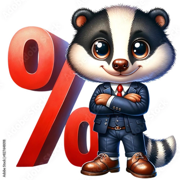 Fototapeta Cartoon badger in a business suit standing confidently with a red percentage sign, symbolizing finance and discounts.
