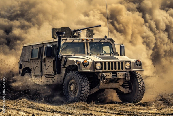 Fototapeta Military Vehicle in action through a cloud of dust
