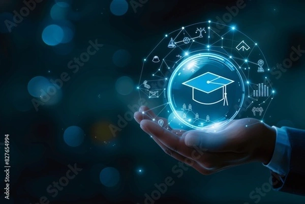 Obraz Hand holding virtual graduation cap, representing online education and technology in learning, with futuristic digital interface. 