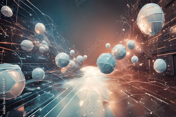 Fototapeta Abstract background with blue and purple lines and dots. The lines and dots appear to form a spherical shape in the center of the image. The overall impression is one of movement and energy.