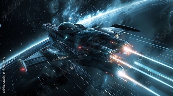 Fototapeta Cutting-Edge Futuristic Spaceship Soaring Through the Cosmos: High-Tech Interstellar Craft Representing Advanced Space Travel and Exploration in a Sci-Fi Inspired Galactic Setting