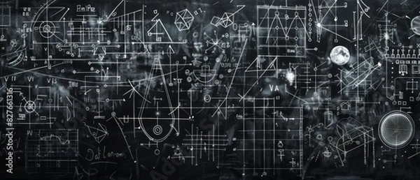 Obraz Intricate chalkboard filled with scientific formulas and complex engineering diagrams, symbolizing innovation, learning, and technical knowledge.