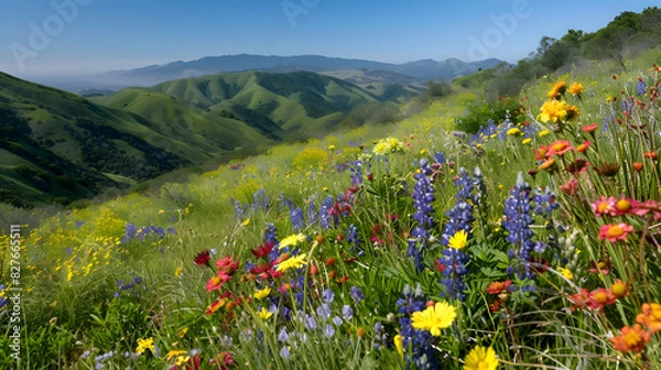 Fototapeta A panoramic view of rolling hills dotted with blooming wildflowers