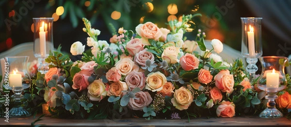 Fototapeta a elegant table reception adorned with a beautiful arrangement of flowers and candles, creating a romantic ambiance.