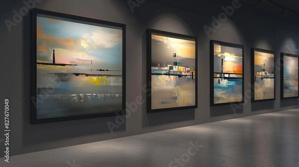 Fototapeta A series of paintings in a modern art museum, each framed in black, depicting abstract renditions of tranquil coastal towns at sunset.