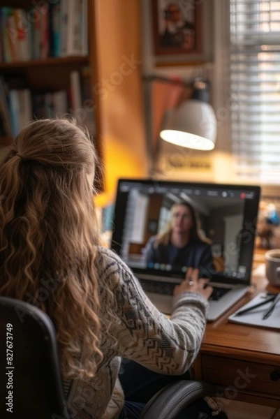 Fototapeta Person with long hair working remotely on laptop in home office with books and lamp in the background, during a video call.