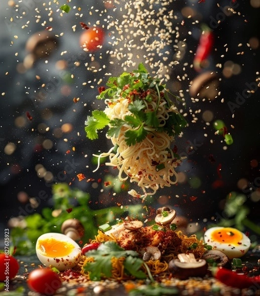 Fototapeta Deconstructed ramen explosion with floating ingredients