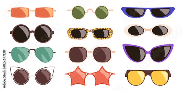 Fototapeta Set of various fashionable sunglasses. Modern colorful glasses different shape. Concept of eyes protection from sunshine. Collection of vector stickers isolated on white background.