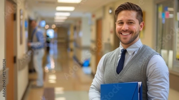 Obraz Smiling professional man in a hospital corridor, holding a folder and wearing business casual attire. Healthcare and hospital environment.
