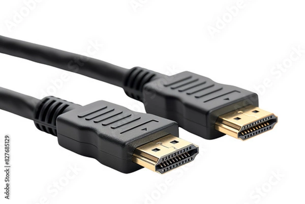 Fototapeta Close-up of two HDMI connectors with gold-plated tips and black cables, used for high-definition video and audio transmission.