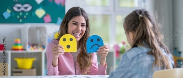 Obraz Therapist using emotion cards in a counseling session with a child to help her express emotions in a supportive environment.