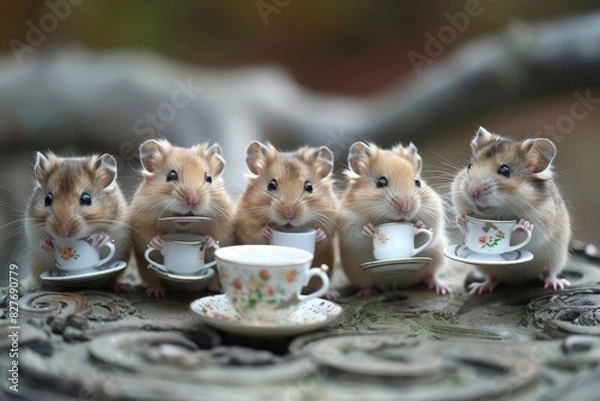 Obraz A group of hamsters having a tea party generated by AI