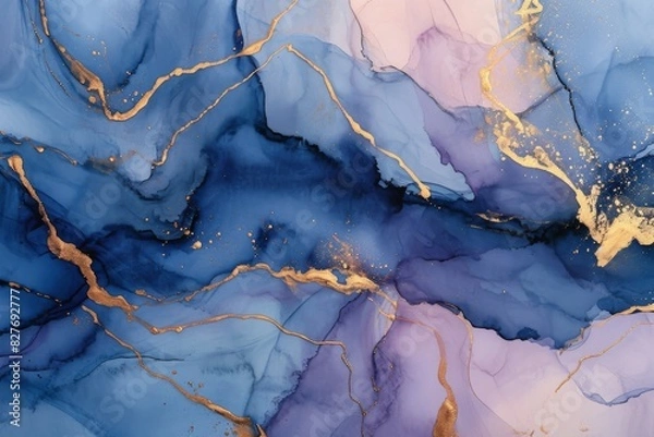 Fototapeta Abstract watercolor dark blue paint, pastel purple color and golden lines marbled background, AI generated