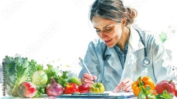 Obraz Professional Dietitian testing fruits and vegetables, clinical setting, closeup, clipboard and lab coat, focus on healthy eating, white background, copy space