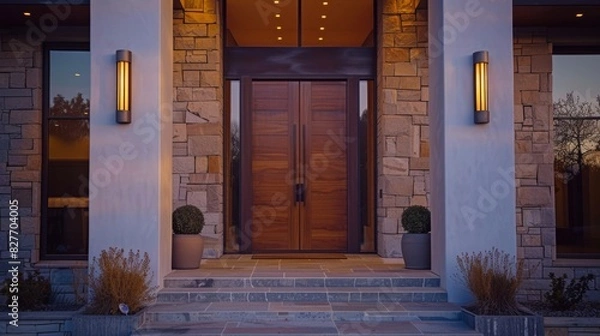 Obraz Luxurious Home Entrance With Wooden Door And Elegant Wall Sconces. Generative AI