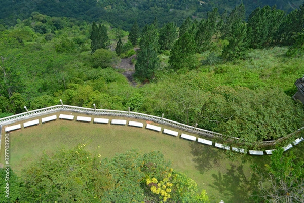 Fototapeta White color fence and white benches in a green natural setting with trees Ariel view