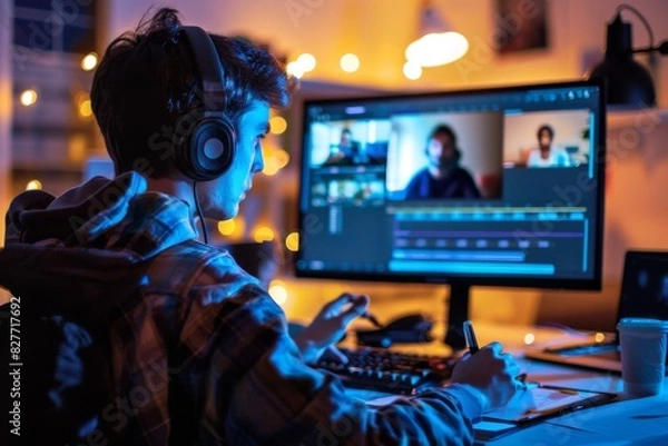 Obraz Young person using a computer with headphones for video editing and online collaboration in a cozy, illuminated room.