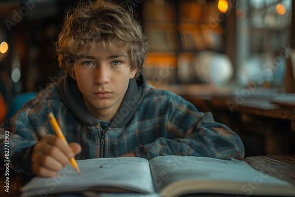 Fototapeta A boy with a serious look sits thoughtfully with an open book against the background of bookshelves