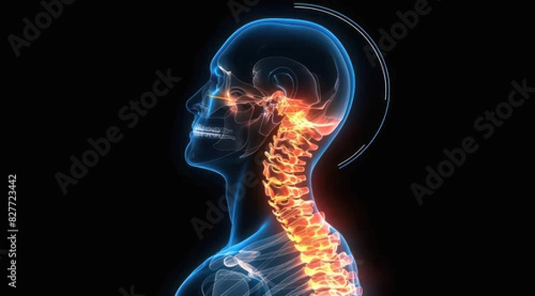 Fototapeta X ray of the head and neck with pain on a black background.