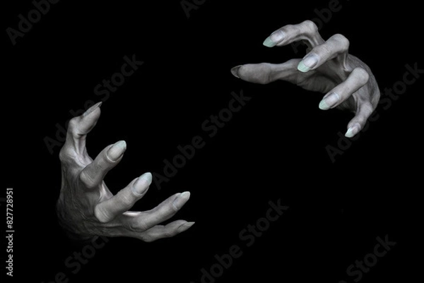 Fototapeta Creepy male hands of vampire or monster with sharp nails, isolated on black. Demons fingers grabbing something, low key, selected focus.