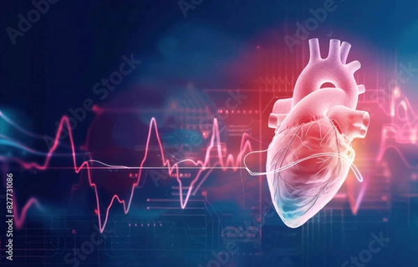 Fototapeta Human heart with red cardiac pulse line.