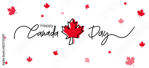 Fototapeta Happy Canada Day Greeting Banner Design on white background. Handwritten lettering or font logo for Canada Day with red maple leaf. Vector Illustration.