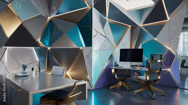 Fototapeta Imagine a futuristic office, with holographic screens and floating desks. The walls are covered in geometric patterns, and the furniture is made of sleek, metallic materials.